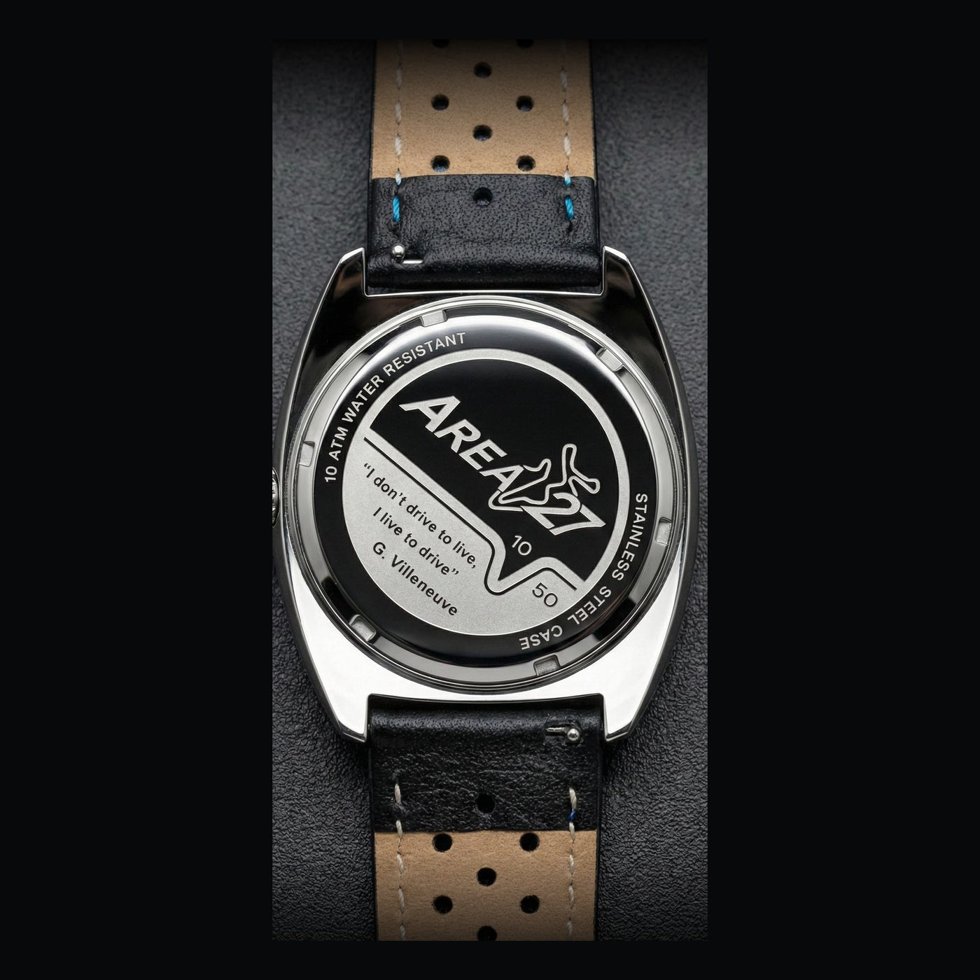 Area-27 Tourbillon caseback with track outline, limited numbering and Gilles Villeneuve quote