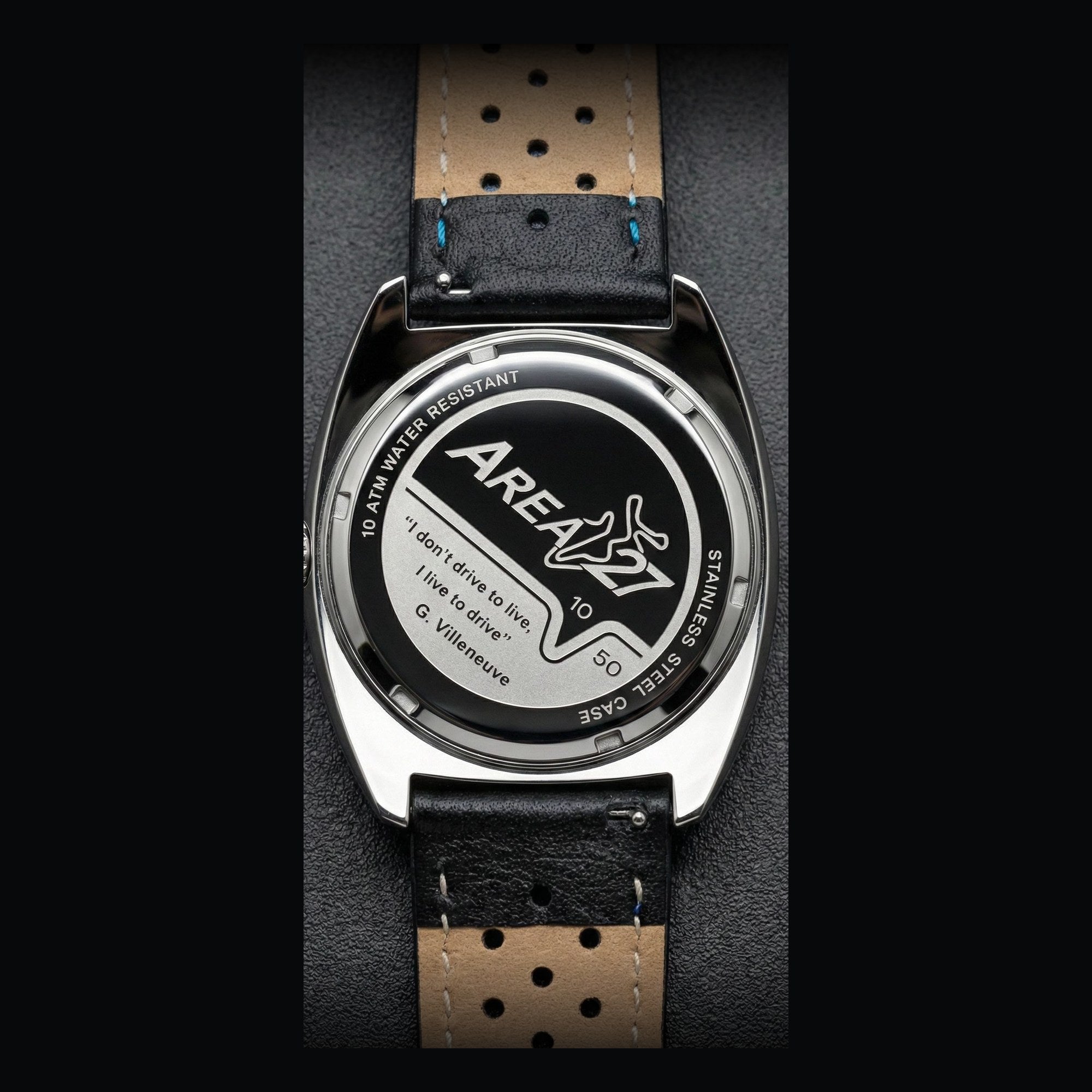 Area-27 Tourbillon caseback with track outline, limited numbering and Gilles Villeneuve quote