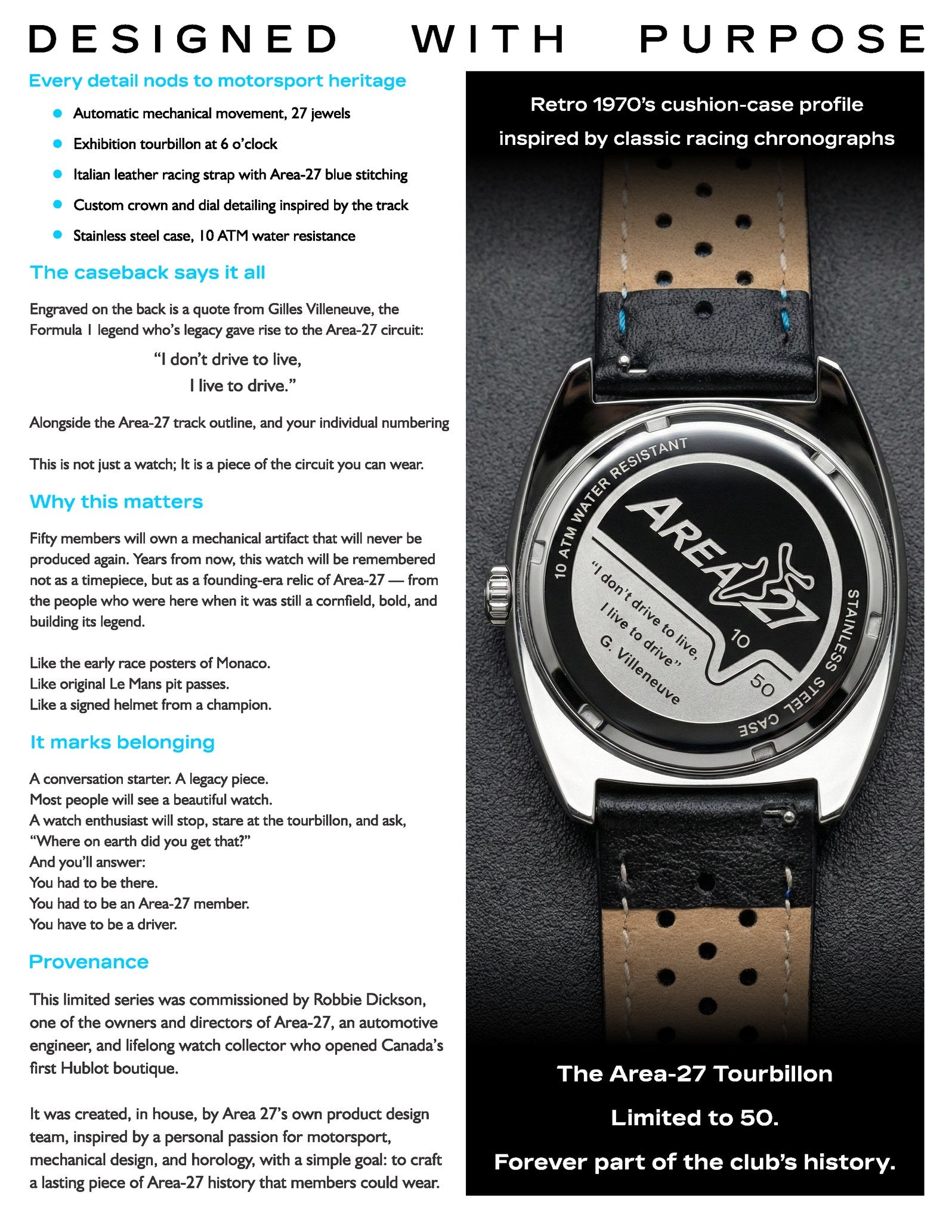 Area-27 Tourbillon designed with purpose feature sheet showing caseback and strap details