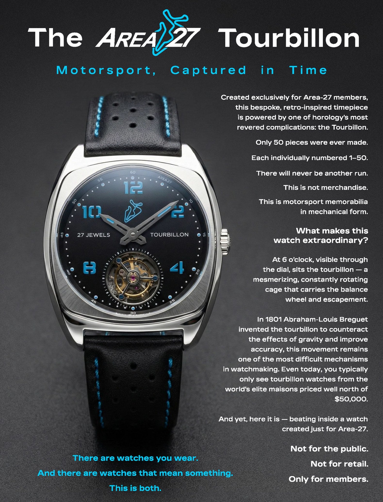 Area-27 Tourbillon feature sheet showing front dial and motorsport-inspired description