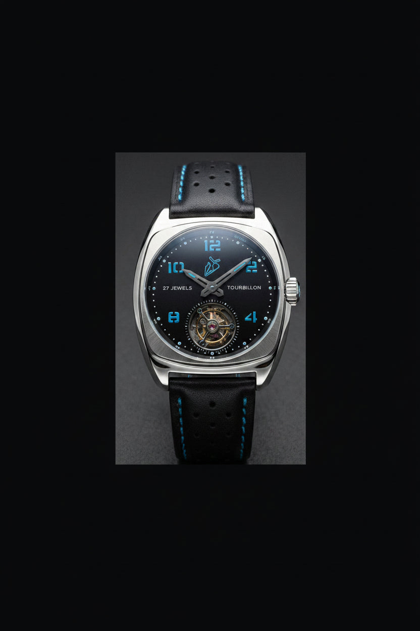 The Area-27 Tourbillon luxury mechanical watch with black dial, blue numerals and visible tourbillon