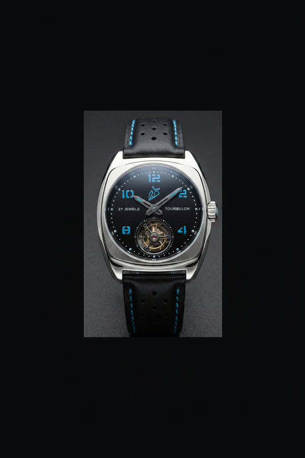 The Area-27 Tourbillon luxury mechanical watch with black dial, blue numerals and visible tourbillon