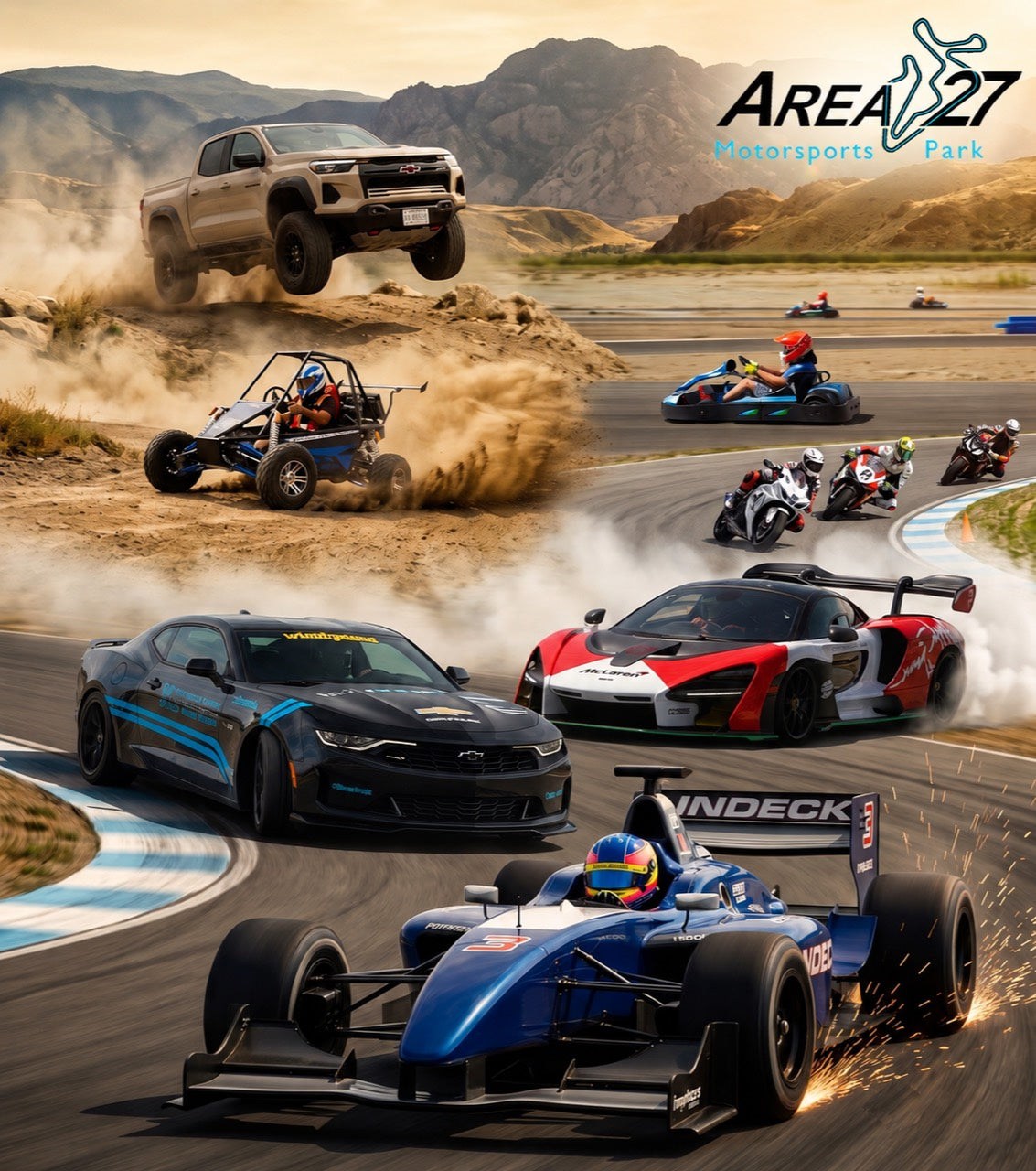 Area 27 Motorsport Park featuring Formula racing, supercars, rally karts, go-karts, off-road trucks and driving experiences in British Columbia's Okanagan Valley.