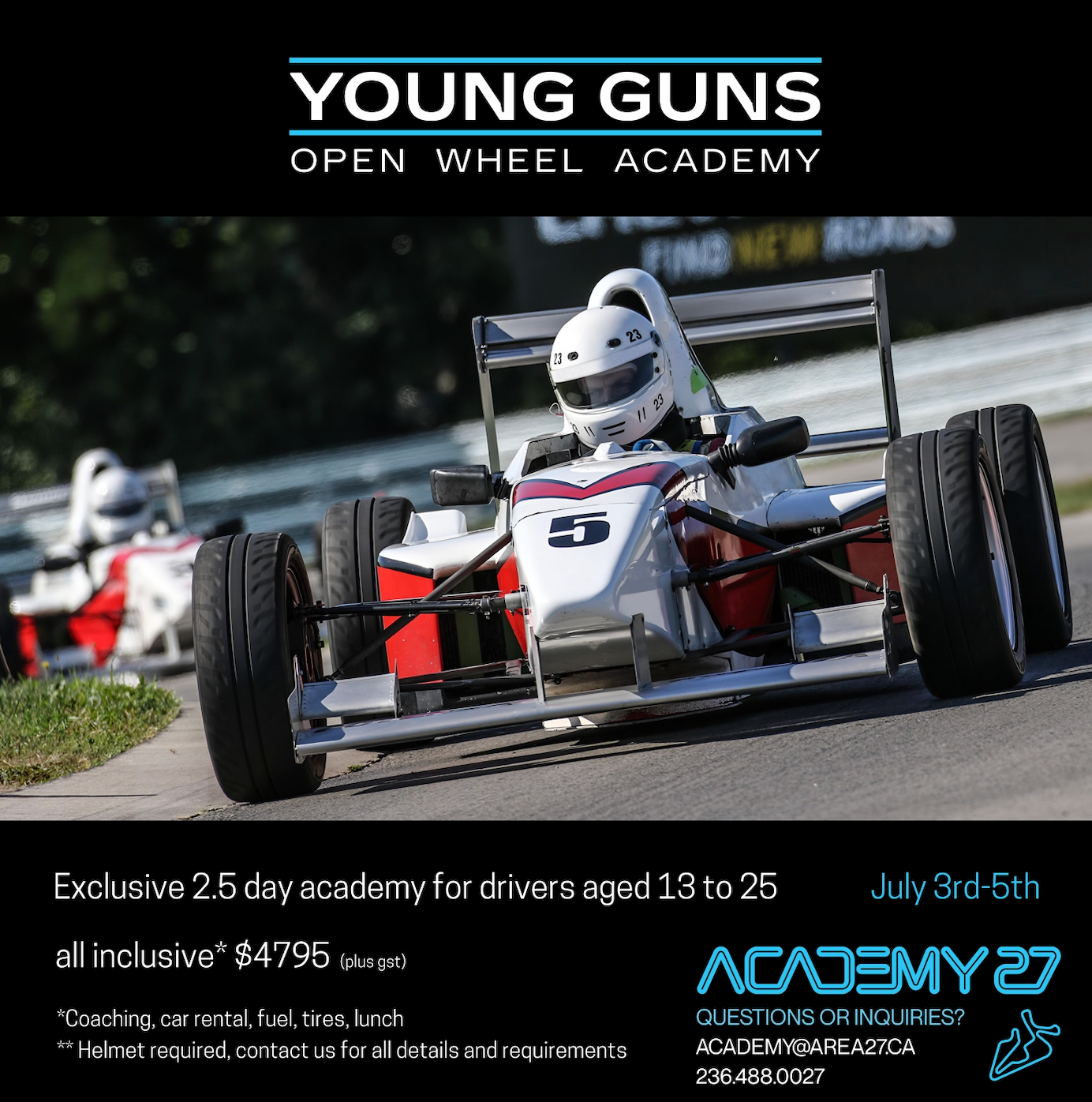 Two purpose-built open-wheel formula cars on track during the Young Guns Open Wheel Academy at Area 27