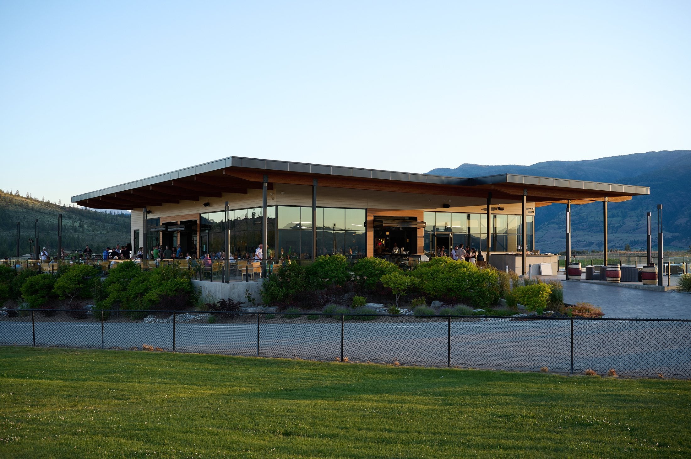 Area 27 clubhouse at golden hour in the South Okanagan